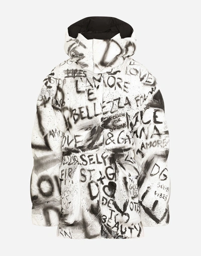 Shop Dolce & Gabbana Nylon Down Jacket With Dg Graffiti Print In Multicolor