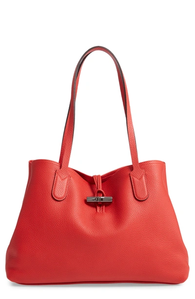 Longchamp Roseau Essential Mid Leather Tote In Red