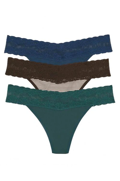 Shop Natori Intimates Bliss Perfection O/s Thong 3 Pack In Rainstorm/licorice Stripe/teal