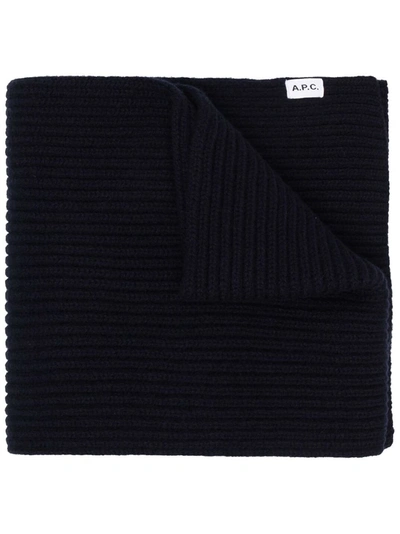 Shop Apc Logo-patch Ribbed-knit Scarf In Blau