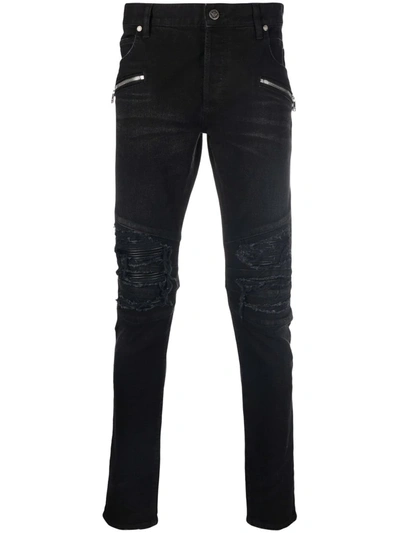 Shop Balmain Ripped Skinny-fit Jeans In Black