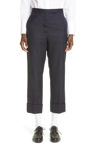 Thom Browne Back Strap Wool Cuff Crop Pants In Navy