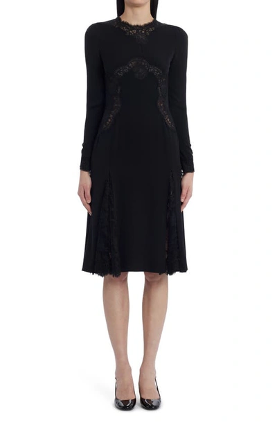 Shop Dolce & Gabbana Lace Inset Long Sleeve Silk Stretch Charmeuse Dress In Black