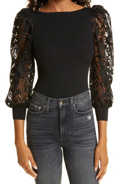 Shop Alice And Olivia Abella Lace Puff Sleeve Sweater In Black