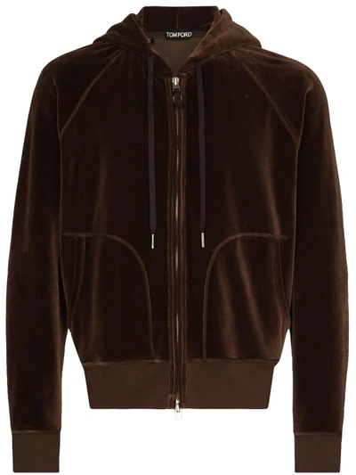Shop Tom Ford Velvet Drawstring Hooded Jacket In Braun