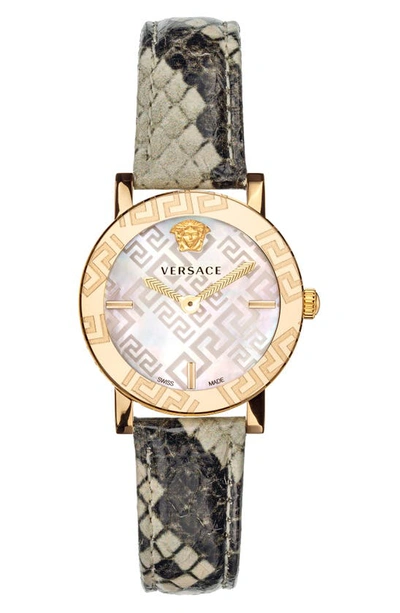 Shop Versace Greca Glass Snakeskin Strap Watch, 32mm In Gold