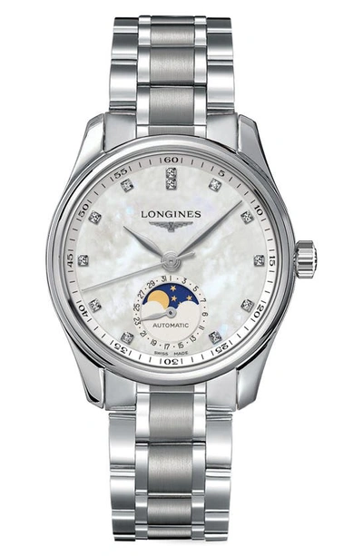Shop Longines Master Collection Automatic Diamond Bracelet Watch, 34mm In Mother Of Pearl