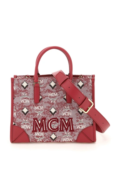 Shop Mcm Vintage Jecquard Monogram Small Tote Bag In Red