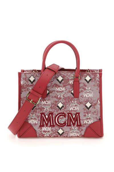 Shop Mcm Vintage Jecquard Monogram Small Tote Bag In Red