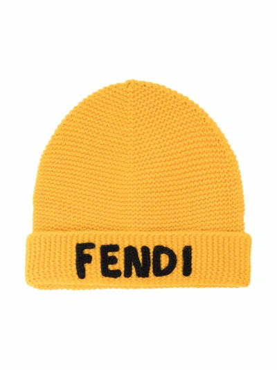 Shop Fendi Logo-embroidered Beanie Hat In Yellow