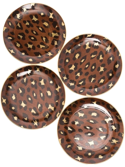 Shop L'objet Canape Set-of-four Leopard Print Plates In Brown