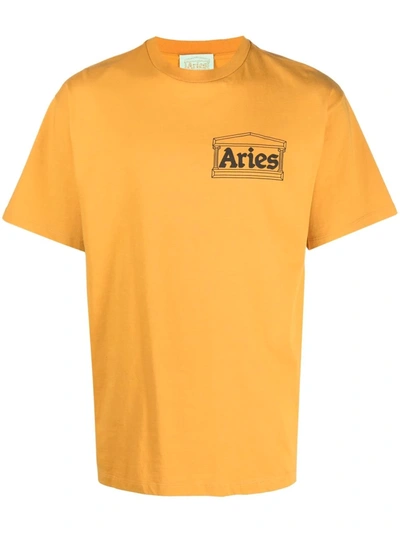 Shop Aries Logo-print Crewneck T-shirt In Yellow