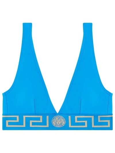 Shop Versace Greca Border Triangle Bikini Top Turquoise In Blue