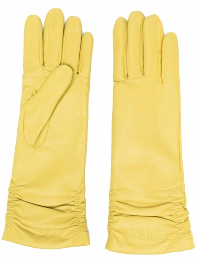 Shop Msgm Ruched Leather Gloves In Yellow