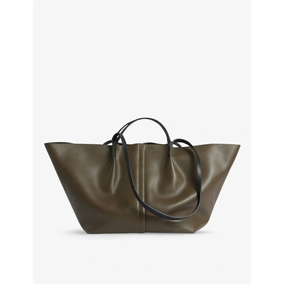 Shop Allsaints Womens Dusky Khaki Odette Wide Crinkled Patent Leather Tote Bag 1 Size