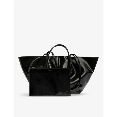 Shop Allsaints Womens Liquid Black Odette Wide Crinkled Patent Leather Tote Bag 1 Size