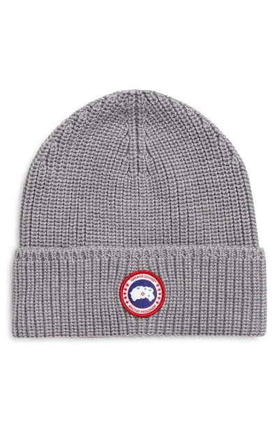 Canada Goose Wool Beanie With Logo And Turn-up Brim In Heather Grey