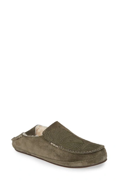 Shop Olukai Nohea Nubuck Slipper In Dusty Olive/ Monstera Leather