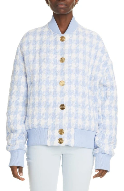 Shop Balmain Houndstooth Tweed Bomber Jacket In White/ Light Blue