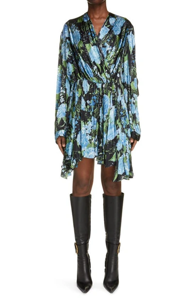 Shop Balenciaga Dripping Peonies Print Cape Detail Long Sleeve Dress In Blue/ Black