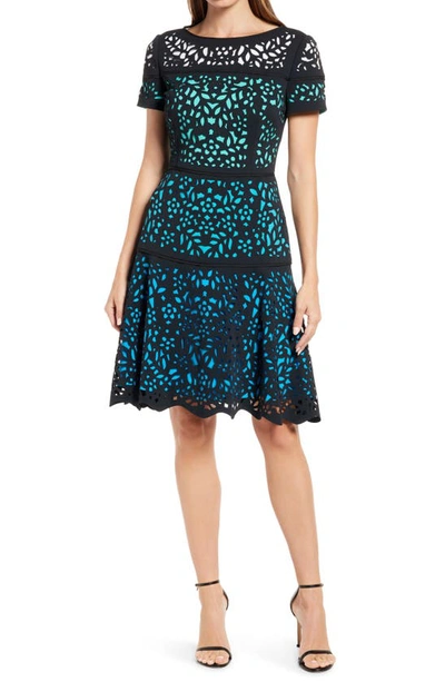 Shop Shani Ombré Lace Fit & Flare Dress In Black/ Teal
