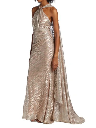 Shop Talbot Runhof Metallic Voile Halter Gown With Cape In Marble Zebra Metallic