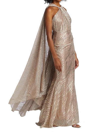 Shop Talbot Runhof Metallic Voile Halter Gown With Cape In Marble Zebra Metallic