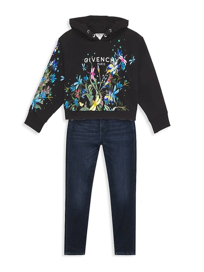 Shop Givenchy Little Girl's & Girl's Floral Print Hoodie In Black