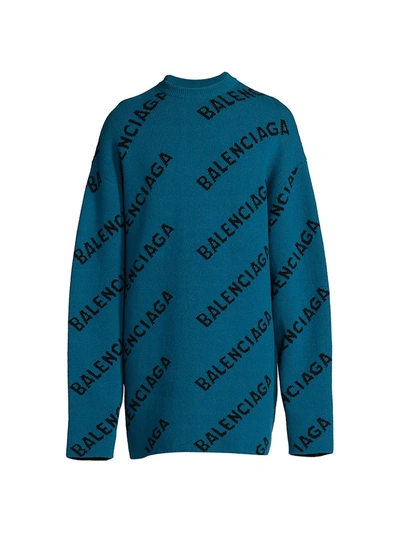 Shop Balenciaga Logo Virgin Wool-blend Sweater In Petrol Blue Black
