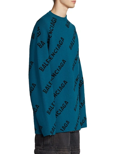 Shop Balenciaga Logo Virgin Wool-blend Sweater In Petrol Blue Black