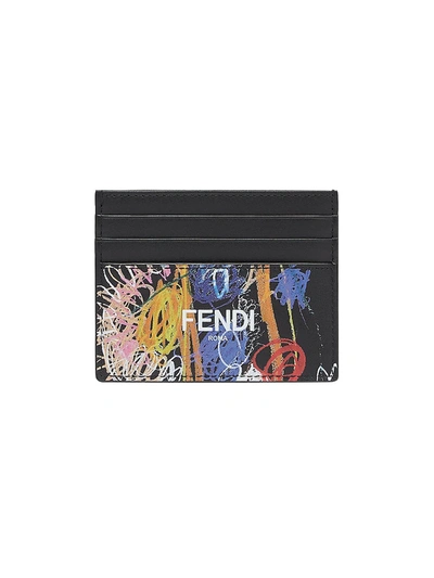 Shop Fendi Logo Print Leather Card Case In Black Multicolor Palladium