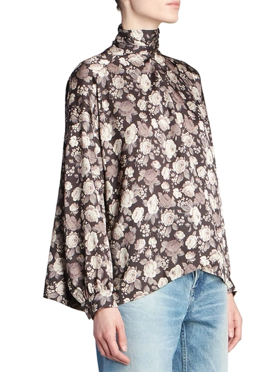Shop Balenciaga Women's Self-tie Neck Floral Blouse In Brown
