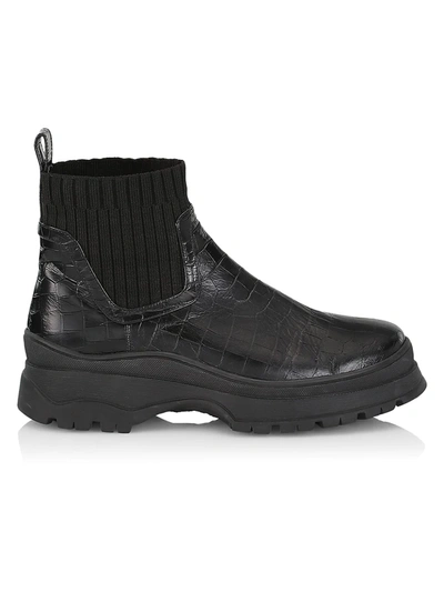Shop Staud Bow Croc-embossed Leather Ankle Boots In Black Faux Croc
