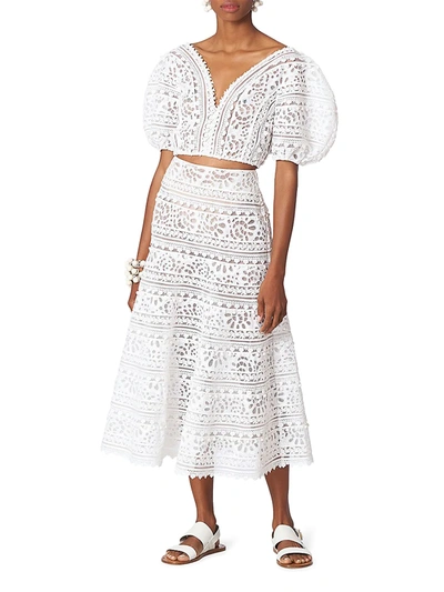 Shop Carolina Herrera Eyelet & Embroidery Midi-skirt In White