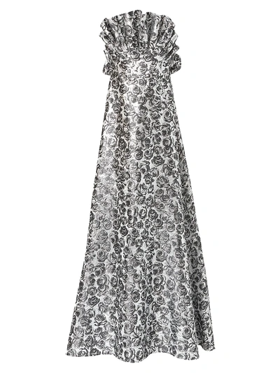 Shop Carolina Herrera Women's Strapless Floral Ruffle Gown In Silver Multi