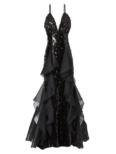 Shop Carolina Herrera Sequin V-neck Ruffle Gown In Black