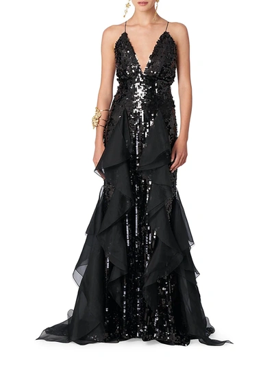 Shop Carolina Herrera Sequin V-neck Ruffle Gown In Black
