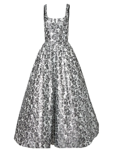 Shop Carolina Herrera Metallic Floral Jacquard Gown In Silver Multi