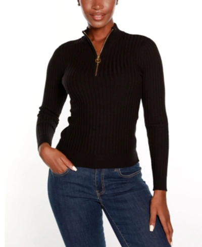 Belldini Black Label Ribbed Mock Neck Half Zip Sweater In Black