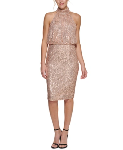 Shop Eliza J Sequinned Blouson Shift Dress In Rose Gold
