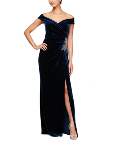 Shop Alex Evenings Off-the-shoulder Embellished Velvet Gown In Imperial