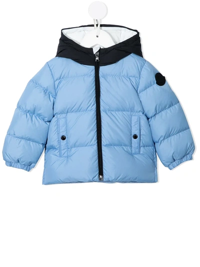 Shop Moncler Contrasting Hood Puffer Jacket In Blue