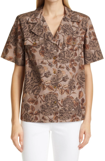 Shop Ganni Floral Organic Cotton Poplin Button-up Shirt In Fossil