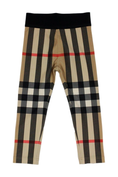 Shop Burberry Check Leggings In Technical Fabric With Elastic Waistband In Beige