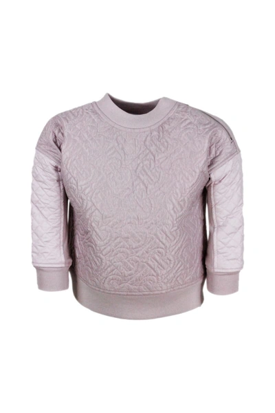 Shop Burberry Crewneck Cotton Sweatshirt With Logoed Three-dimensional Motif And Zip On The Shoulder In Pink