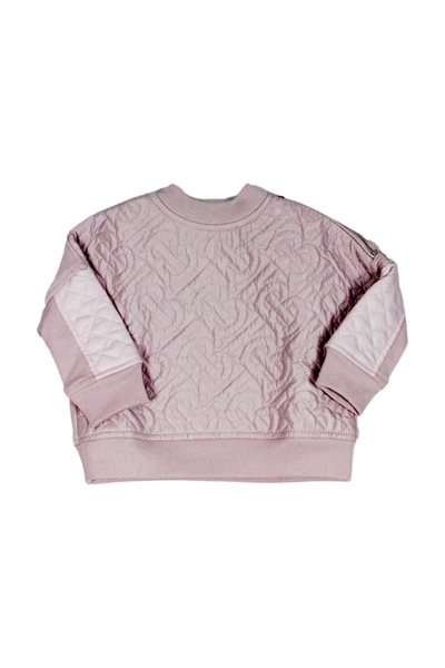 Shop Burberry Crewneck Cotton Sweatshirt With Logoed Three-dimensional Motif And Zip On The Shoulder In Pink