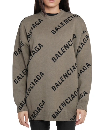 Shop Balenciaga Khaki Logo Sweater In Brown