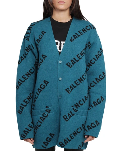 Shop Balenciaga Petrol Logo Cardigan In Teal