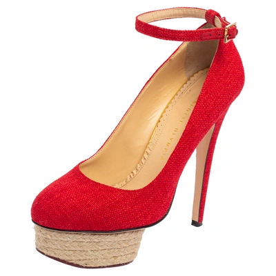 Pre-owned Charlotte Olympia Red Canvas Dolores Ankle Strap Platform Pumps Size 38