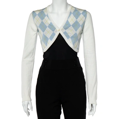 Pre-owned Burberry White Argyle Cotton Knit Cropped Cardigan S